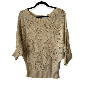 Tan cream beige ivory knit crotchet mid sleeve sweater blouse top L